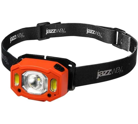 Аккумуляторный налобный фонарь Jazzway  AccuH3-L5W-og zoom LED 5Вт + 2хRED SMD IP54 5 режимов: 100проц. 180лм 3.5ч/50проц. 110лм 5.5ч/30проц. 65лм 15ч/красн. 28ч/мигающ. красн. 12ч аккум. 1.2А.ч управл. жестами оранж. 5036673
