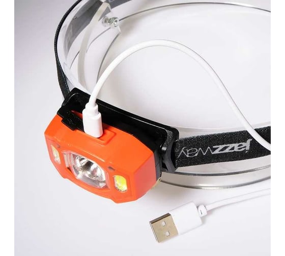 Аккумуляторный налобный фонарь Jazzway  AccuH3-L5W-og zoom LED 5Вт + 2хRED SMD IP54 5 режимов: 100проц. 180лм 3.5ч/50проц. 110лм 5.5ч/30проц. 65лм 15ч/красн. 28ч/мигающ. красн. 12ч аккум. 1.2А.ч управл. жестами оранж. 5036673