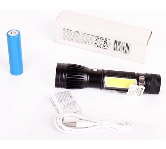 Аккумуляторный фонарь Ultraflash LED51522 4В, черн., 2LED, 3 Вт, фокус, 4 реж, USB, бокс са 14663