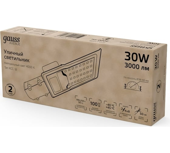 Уличный консольный светодиодный светильник Gauss IP65 30W 3000lm 4000K КСС "Ш" 629534230
