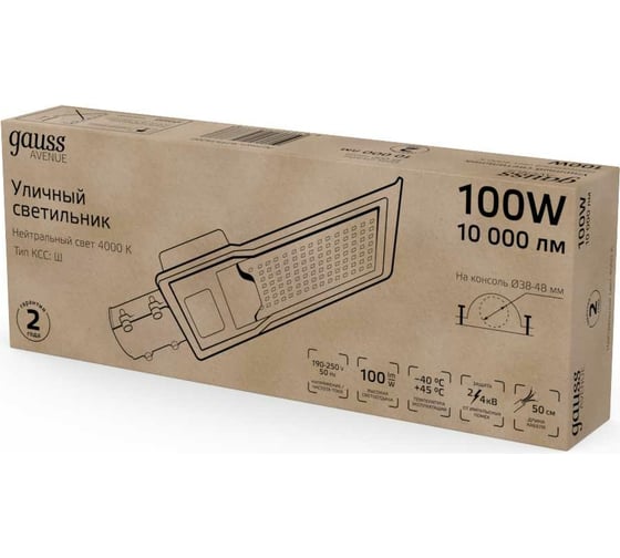 Уличный консольный светодиодный светильник Gauss IP65 100W 10000lm 4000K КСС "Ш" 629534200