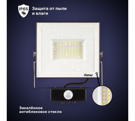 Светодиодный прожектор RITTER серия PROFI 230В 70 Вт 6500К 7000Лм IP65 черный с датчиком движения 53423 9