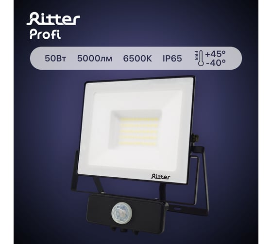 Светодиодный прожектор RITTER серия PROFI 230В 50 Вт 6500К 5000Лм IP65 черный с датчиком движения 53422 2
