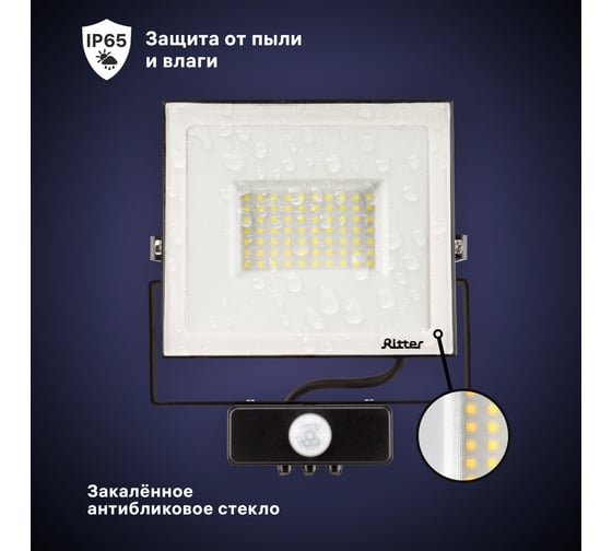 Светодиодный прожектор RITTER серия PROFI 230В 50 Вт 6500К 5000Лм IP65 черный с датчиком движения 53422 2