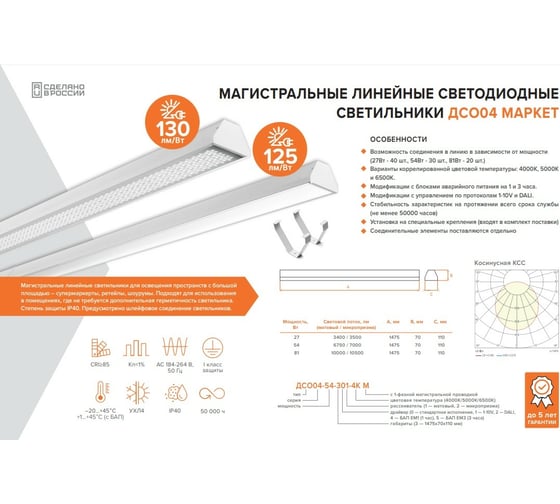 Светильник Wolta PRO маркет 54Вт 6500к ip40 микропризма ДСО04-54-302-6К