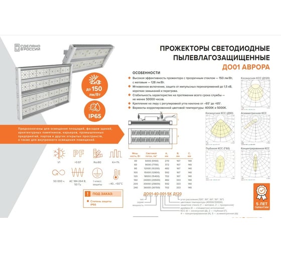 Cветодиодный прожектор Wolta PRO аврора 120вт 4000к ip65 прозрачный ДО01-120-402-4К К30