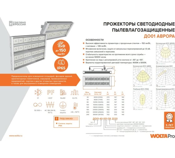Светодиодный прожектор Wolta PRO аврора 120Вт 4000к ip65 прозрачный ДО01-120-002-4К Д90