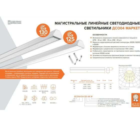 Светильник Wolta PRO маркет 54Вт 6500к ip40 матовый ДСО04-54-301-6К-М