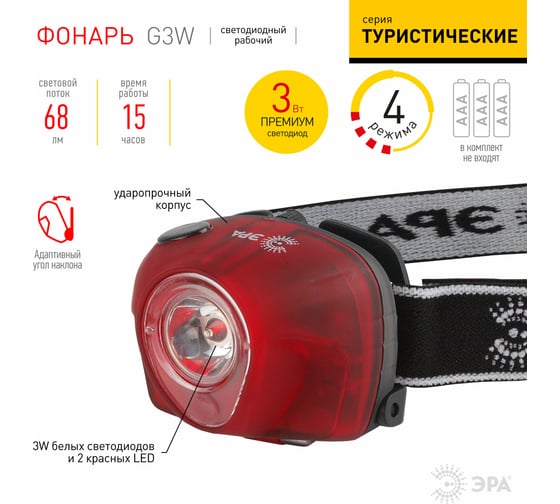 Налобный светодиодный фонарь ЭРА G3W на батарейках мощный яркий 4 режима с коллиматором Б0002249