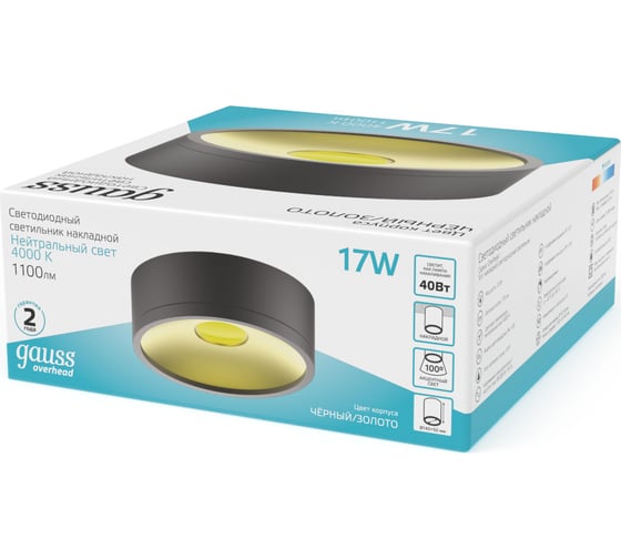 Светильник Gauss Overhead накл цил 17W 1100lm 4000K 170-240V IP20 140x50мм черный золото LED HD041