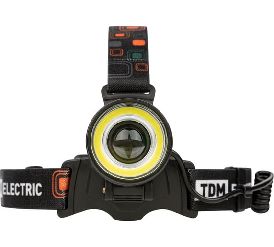 Аккумуляторный фонарь «налобный 12» TDM 5 вт cree+3 вт cob, li-ion 3,7 в 2x18650 2,4 ач, 650 лм, usb SQ0350-0069