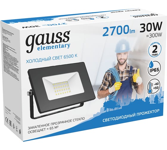 Светодиодный прожектор Gauss Elementary 30W 2700lm IP65 6500К черный 613100330