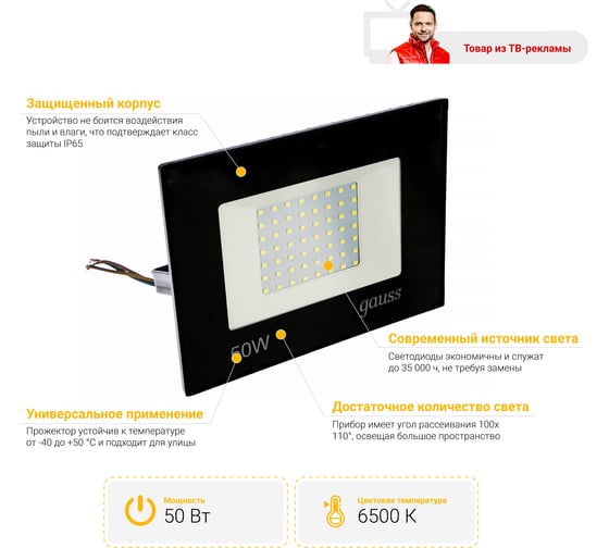 Светодиодный прожектор Gauss LED 50W COB IP65 FL613100350