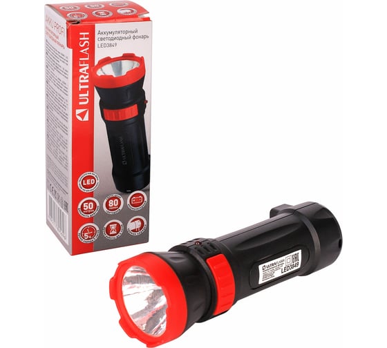 Аккумуляторный фонарь Ultraflash LED3849 (220В, черный, 1 LED, 2 режима,SLA, пластик, коробка) 14931