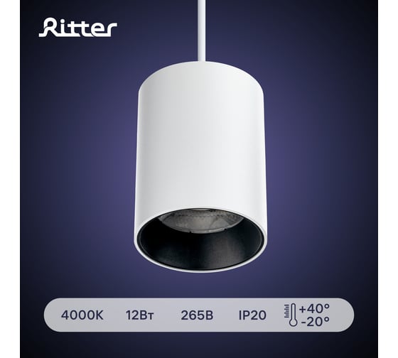 Трековый подвесной светодиодный светильник RITTER Artline цилиндр 80x100mm 60x25mm 12Вт 960Лм 4000К 230В алюминий белый 59702 9