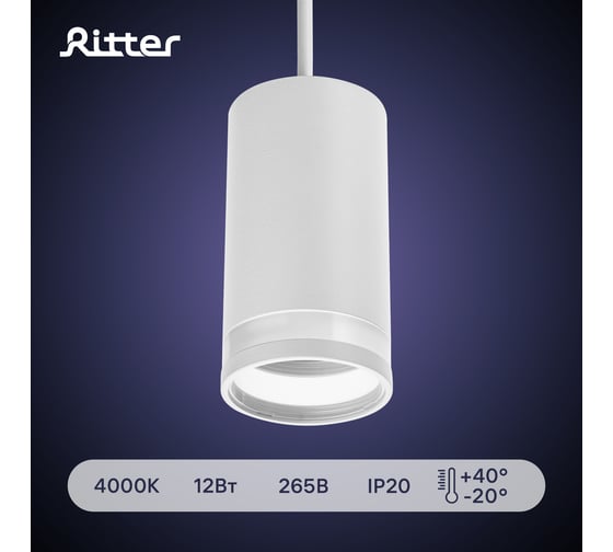 Трековый подвесной светодиодный светильник RITTER Artline цилиндр 55x100mm 2,6м2 GU10 230В алюминий/пластик белый 59929 0