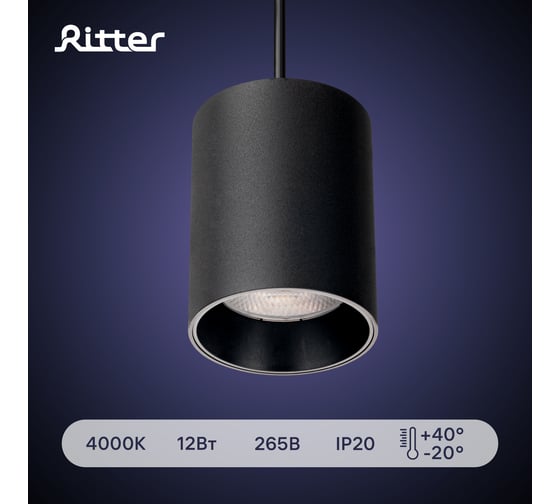 Трековый подвесной светодиодный светильник RITTER Artline цилиндр 80x100mm 60x25mm 12Вт 960Лм 4000К 230В алюминий черный 59703 6