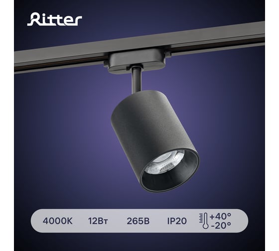 Трековый светодиодный поворотный светильник RITTER Artline цилиндр 80x100mm 12Вт 960Лм 4000К 230В алюминий черный 59722 7