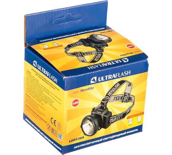 Налобный аккумуляторный фонарь 220В, черный, 0.5Вт LED, 2 режима Ultraflash LED5366 11649