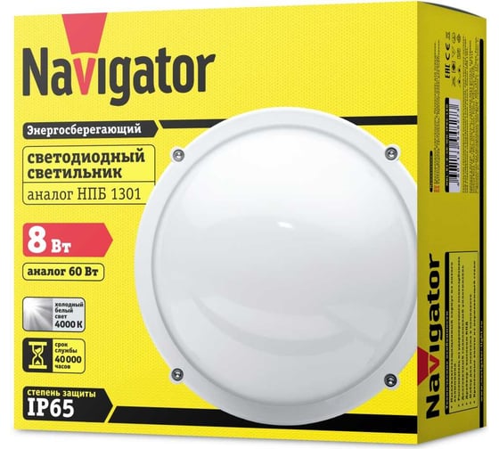 Влагозащищенный светильник Navigator 94 826 NBL-R1-12-4K-WH-IP65-LED аналог НПП 1101 белый круг 94826