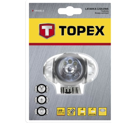 Налобный фонарь 3xLED + 1 криптоновая лампа, 3xAAA, 3 функции, IP54 водонепроницаемый TOPEX CE 94W813