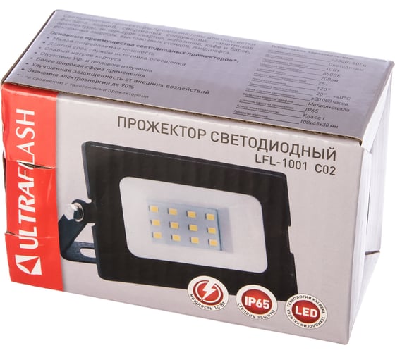 Прожектор LED SMD, черный, 10Вт, 230В, 6500К Ultraflash LFL-1001 C02 12313