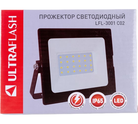 Прожектор LED SMD, черный, 30Вт, 230В, 6500К Ultraflash LFL-3001 C02 12316