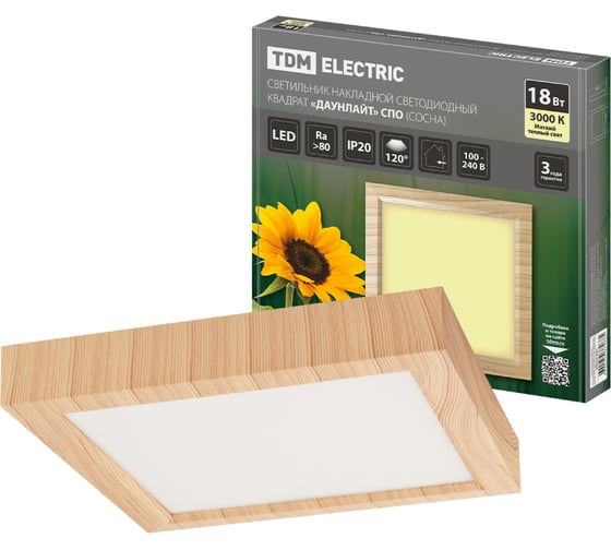 Накладной светодиодный светильник TDM ELECTRIC квадрат "Даунлайт" СПО (сосна) 18 Вт 225x225x32 мм 3000К SQ0329-0421 1