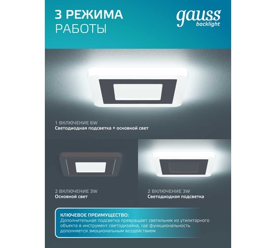 Светильник Gauss Backlight квадрат Акрил, 3+3W, LED 4000K, 105*105, SQ BL121
