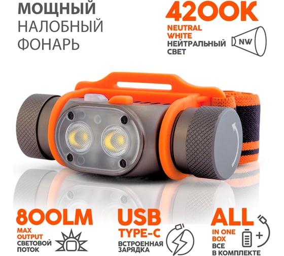 Налобный фонарь ЯРКИЙ ЛУЧ PANDA 2R 2xCREE XP-G3 max.800лм, 5 реж, Li-Ion аккум. 2600mAh, встр. ЗУ 4606400105695