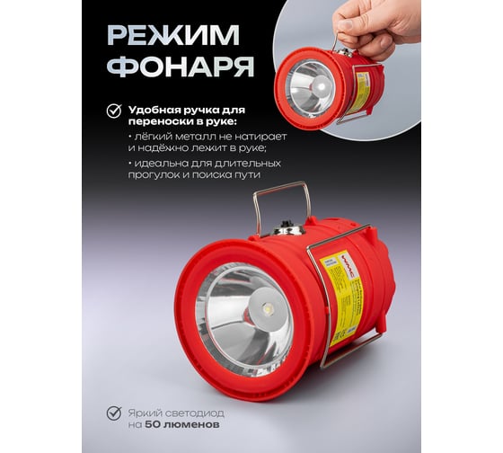 Светодиодный аккумуляторный фонарь-трансформер WMS Tools торц.свет:1LED/50LUM;бок.свет:6LED/30LUM;заряд:солн.батарея, кабель 220V/USB,t заряд.3-5ч,красный WMC-JBEL9902