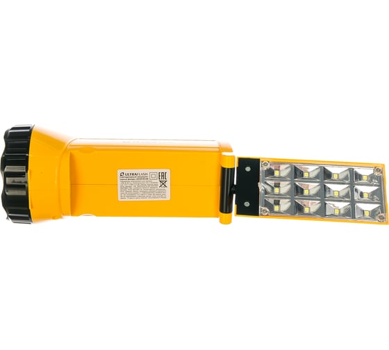 Аккумуляторный фонарь Ultraflash LED3819CSM 220В желтый, 9 LED + 12 SMD LED, 2 режима, SLA, коробка 12860