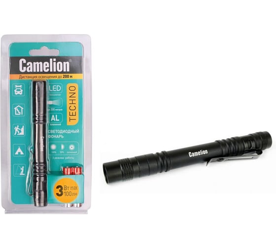 Фонарь Camelion LED51517 черный, LED XPE, 3 режима, 2XLR03 в комплекте, алюминий, блистер 12917