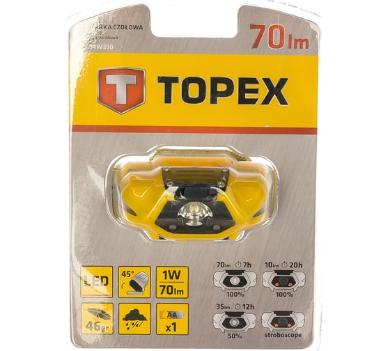 Налобный фонарик TOPEX 70 люменов, батарейки 1xAA 94W390