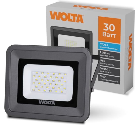 Светодиодный прожектор Wolta 30Вт, 5700K, холодный свет, IP65, цвет серый WFL-30W/06