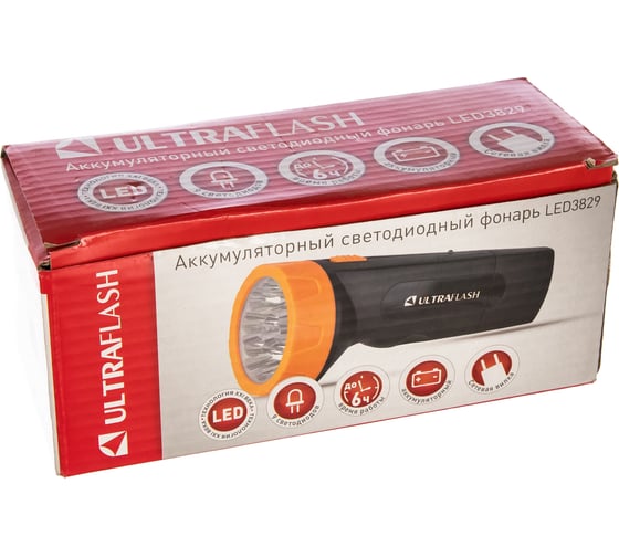 Фонарь Ultraflash LED3829 (аккум 220В, черн /желт, 9 LED, SLA, пластик, коробка) 11240