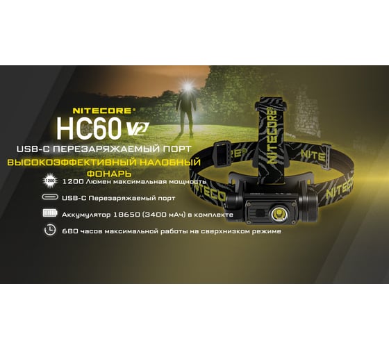 Налобный фонарь Nitecore HC60W V2 OSRAM P9 Теплый свет 21772