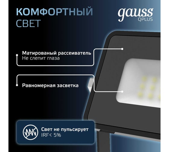 Светодиодный прожектор Gauss Qplus 10W 1100lm 6500K IP65 черный 613511310