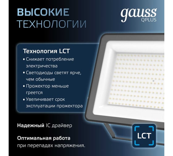 Светодиодный прожектор Gauss Qplus 200W 24000lm 6500K IP65 черный 613100200