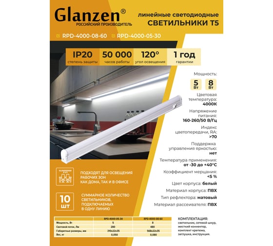 Светодиодный линейный светильник GLANZEN T5 RPD-4000-05-30 КА-00008109