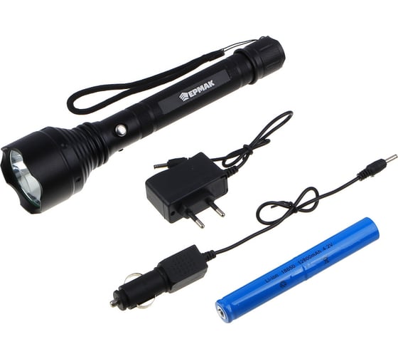 Фонарь Ермак 1 LED, 5 режимов, 2400мАч, зарядка 220-240В/12В, 5,6x5,6x24,5см, металл 224-096