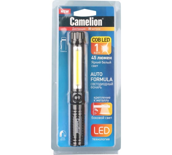 Фонарь-ручка Сamelion LED51521, COB LED+1W LED, 3XR03, пластик, магнит, клипса, блистер 13361