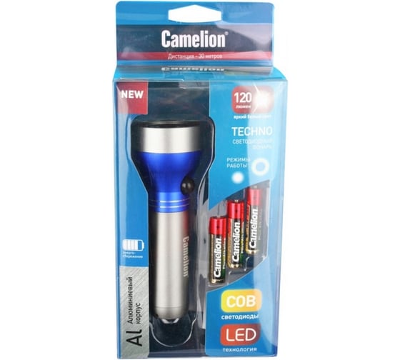 Фонарь Camelion LED51518, LED 3W + 3W COB, 2 режима, 3XLR03 в комплекте, алюминий, блистер 13362