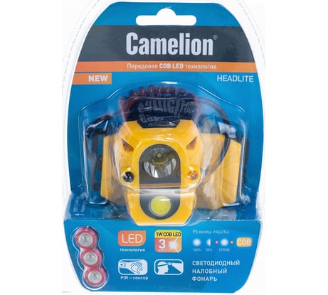 Налобный фонарь Camelion LED5376, COB, сенсор, 6 режимов, 3XLR03 в комплекте, пластик, блистер 13365