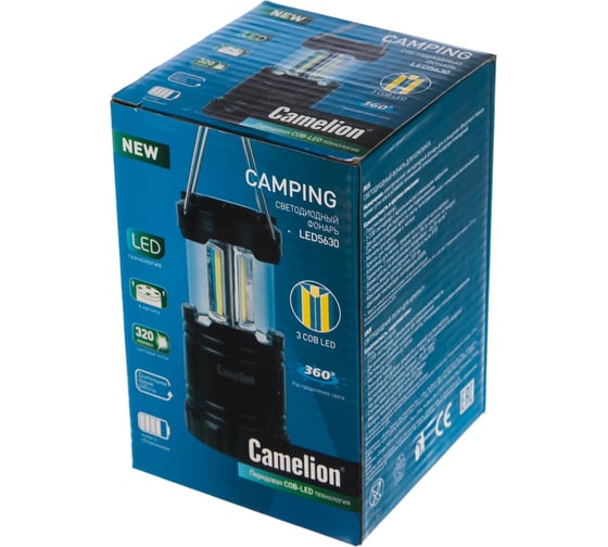 Фонарь для кемпинга Camelion LED5630, 3XR6, черный, 3X COB LED, магнит, подвес 13367