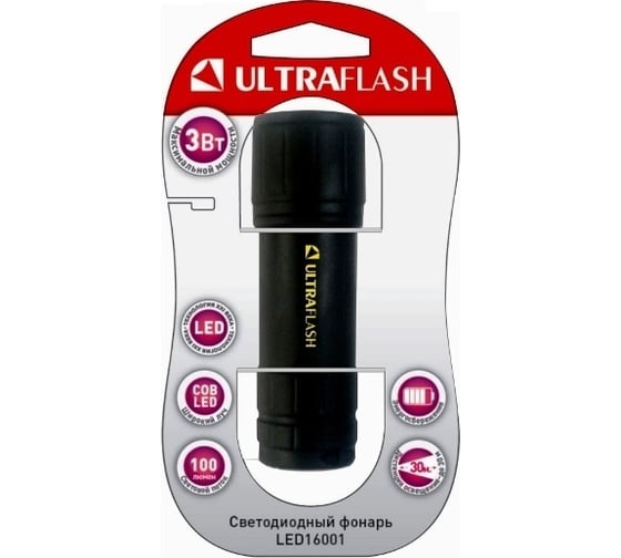 Фонарь UltraFlash LED16001, 3XR03, черный, COB LED 3Вт, пластик, блистер 13357