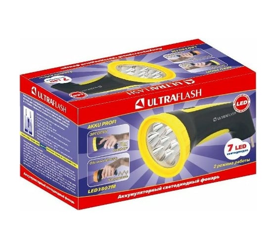 Аккумулятор фонарь Ultraflash LED3807M 220В, черный/желтый, 7 LED, 2 режима, SLA, пластик, коробка 12868