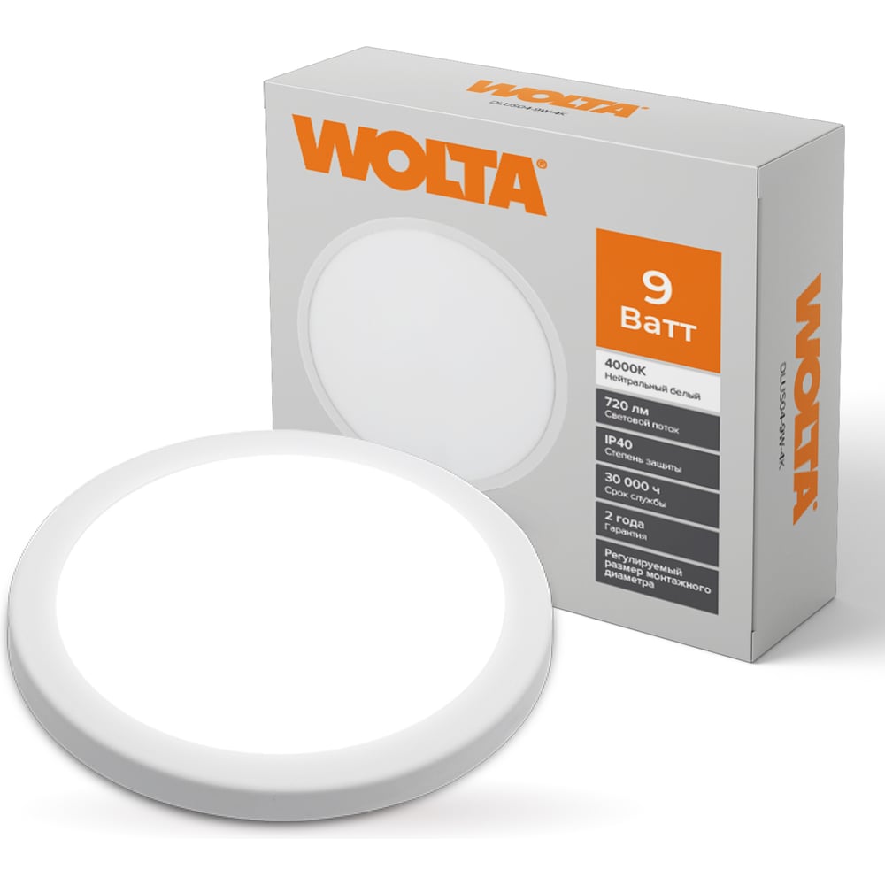 СветодиоднаявстраиваемаякруглаяпанельWolta9Вт,4000КДневнойбелыйсвет,IP40,720лм,срегулировкойподотверстиеот50до100ммDLUS04-9W-4K