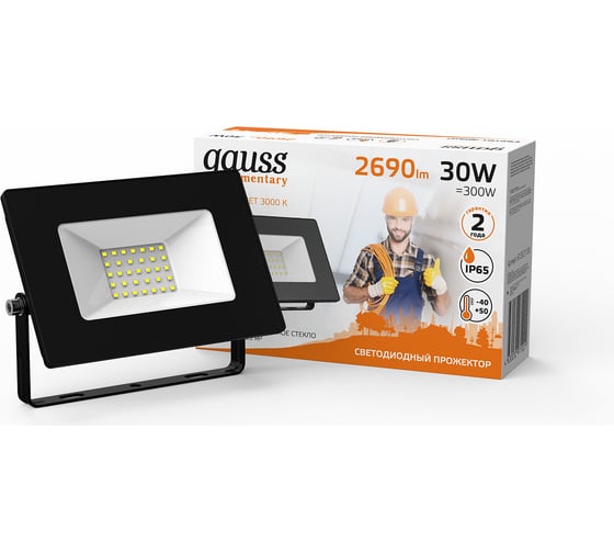 Светодиодный прожектор Gauss Elementary 30W 2690lm IP65 3000К черный 613527130 1