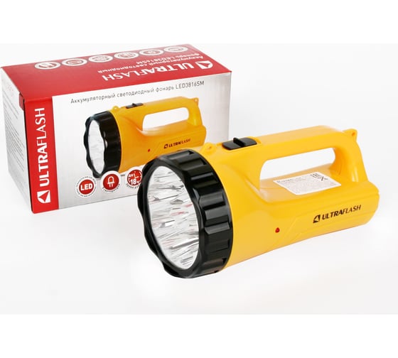 Аккумуляторный фонарь 220В, желтый, 9LED, 2 режима, SLA, пластик Ultraflash LED3816SM 12859